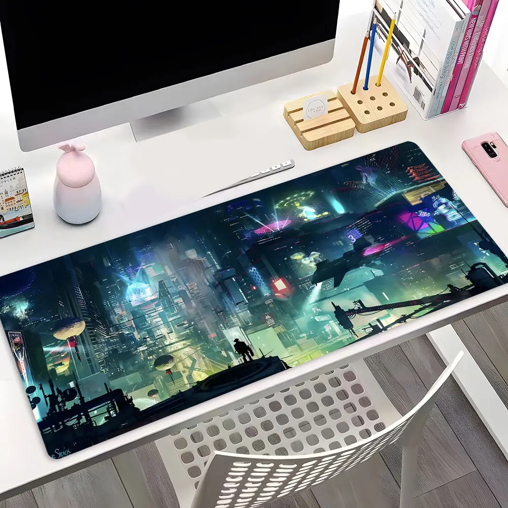 Neon Cyberpunk City Art Gaming Mouse Pad, Gaming Pc Accessories, Aesthetic Desktop Decoration Protection Pad, Rubber Non-slip Lock Edge Work Pad, multi-size mouse pad suitable for laptop, desktop computer games, work, family, good gift for boys, kids