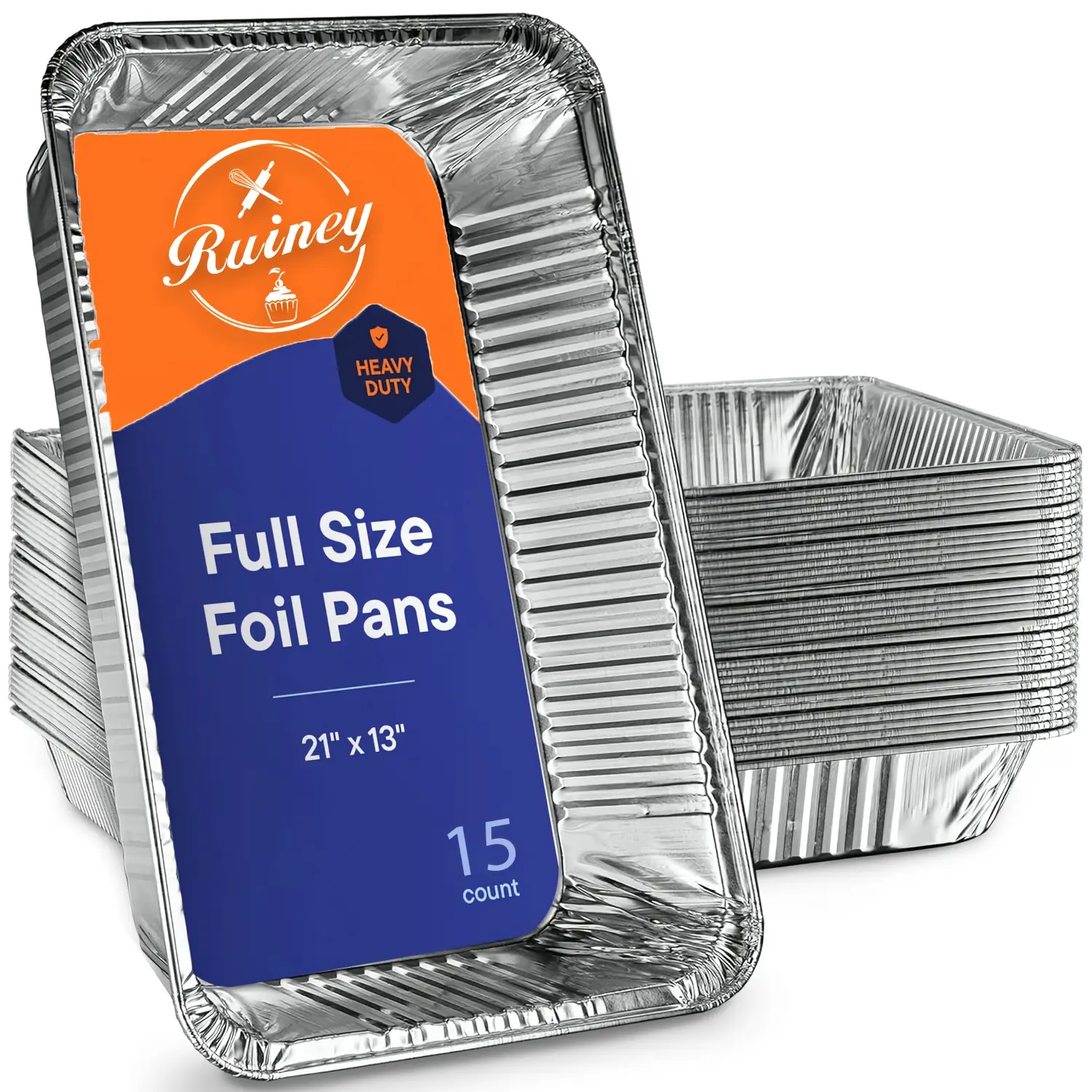 15-Pack Full Size Food-Grade Aluminum Foil Disposable Deep Pans - 21x13in Extra Heavy-Duty Kitchenware Trays, Plain Cookware for Roasting, Warming, Storing