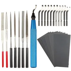 29- Deburring Tool Set - 11 HSS , 7  Files, 10 Sandpapers, Metal Handle - for Metal, ,  Prints, PVC Deburring & Reaming