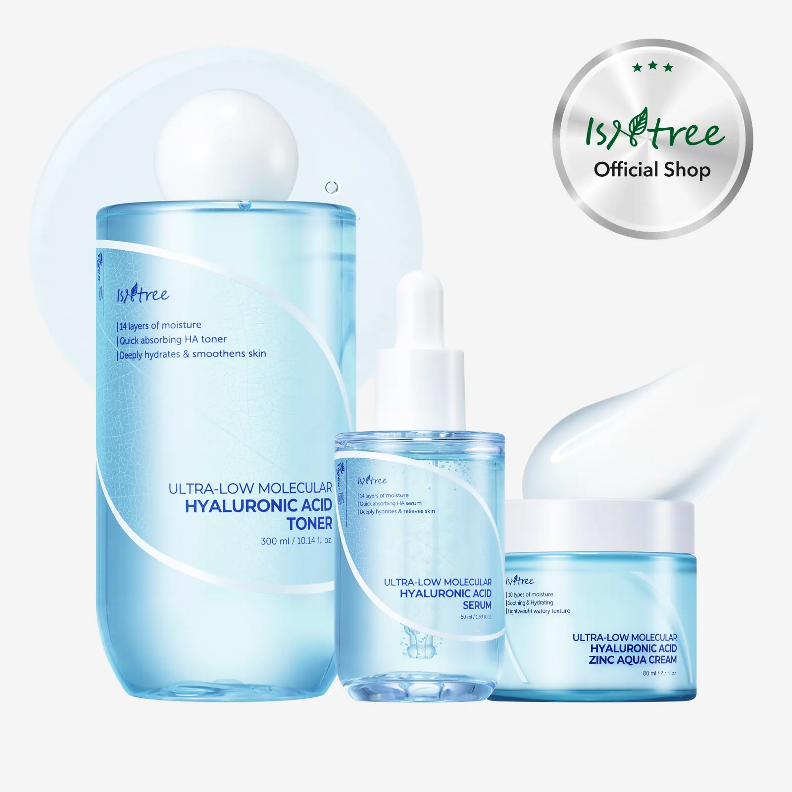 [isntree Official Shop] Ultra-Low Molecular Hyaluronic Acid 3-Step Hydration Trio - Toner 10.14 fl.oz / 300ml + Serum 1.69 fl.oz / 50ml + Zinc Aqua Cream 2.71 fl.oz / 80ml for deep hydration and pore care, Korean Skincare