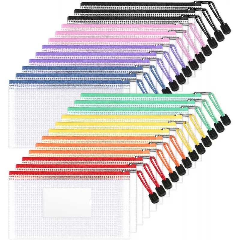 24 Pack Mesh Zipper Pouch Bags with Label Pocket, A6 (9.1*4.7 in) Small Pencil Case Pouch for Organizing, Clear Plastic Pencil Pouches Bulk for School Supplies Storage, Money Envelopes for Cash-L