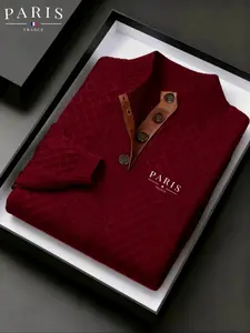 Men's Casual Classic Sporty Athletic Letter Print Long Sleeve Henry Neck Henley Sweatshirt, Comfortable Fabric, Relaxed Fit, Fall & Winter Daily Wear, Fitted