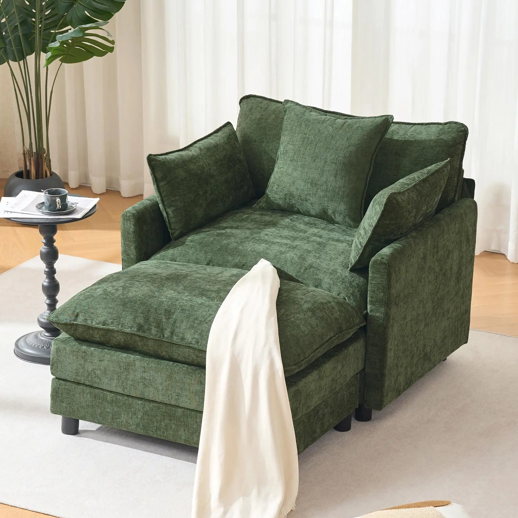 39.4in Oversized Cloud Chaise Lounge Accent Chair with Ottoman - Solid Indoor Deep Seat Cloud Floor Couch, Soft Memory Foam Cushion, Breathable Comfy Couch for Bedroom Living Room Decor (Assembly-Required), Loungewear