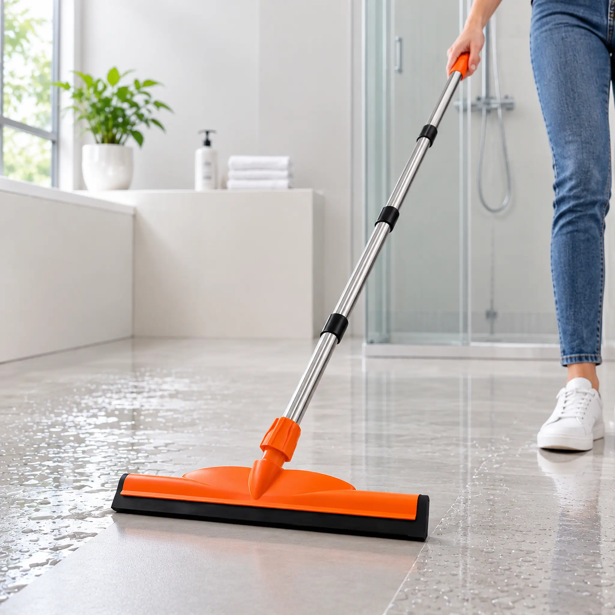 Heavy Duty Floor Squeegee Broom with Long Handle & Wide Blade, Stainless Steel Water Wiper Mop for Bathroom Shower Garage Tile, Multi-Surface Scraper for Wet Floor & Pet Hair