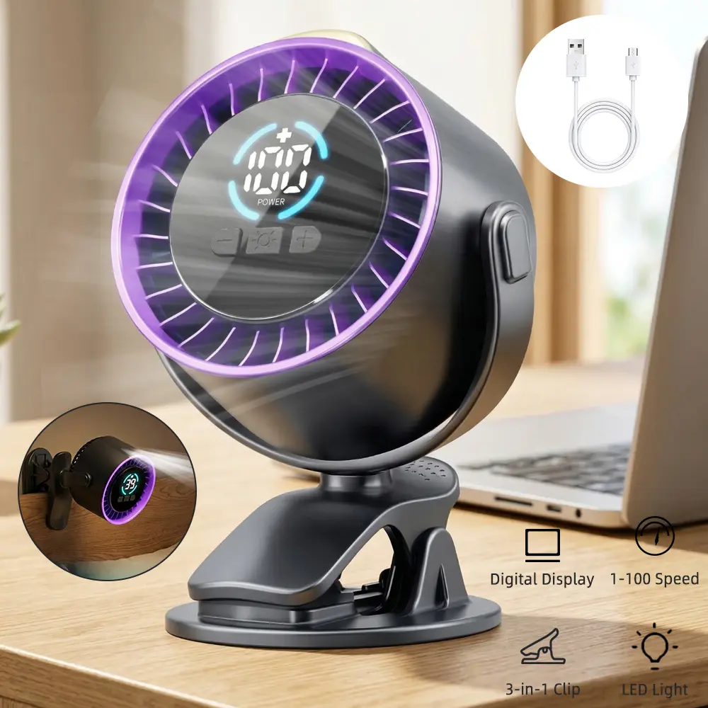 【Summerfinds】Desktop Fan Turbo Table Fan Travel Vacation Essentials for Office 100-Speed Digital Display Adjustable, Battery Powered Fan, Clip Fan Rechargeable