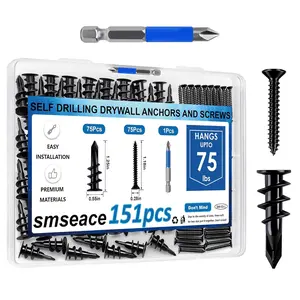 smseace 151Pcs Black Self Drilling Drywall Anchors with Screws Kit, 75Pcs #8 Self-Tapping Screw, 75Pcs Drywall Anchor, 1Pcs Drill bit Holds Upto 75lbs