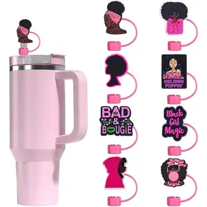 8Pcs Pink Black Girl Straw Covers Cap for Stanley Cup, Cute Silicone Straw Topper Compatible with 10mm/0.4in Diameter Straws, Reusable Dust-Proof Tips, Stanley Cup Accessorie