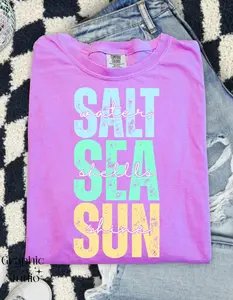 Comfort Colors Salt Sea Sun Shirt, Playful Summer Vibes Graphic Tee, Aesthetic Neon Lake Boatin' Top, Trendy Beach Vacation Celebration Shirt