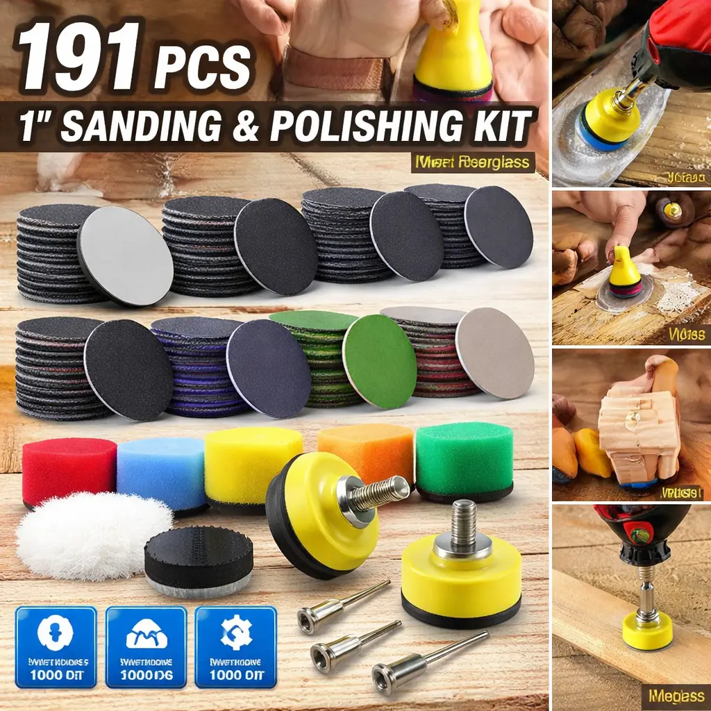 191-Pack 1" Wet Dry Sanding Discs Kit – 60-10000 Grit Hook & Loop, 1/8" Shank Backing & Interface Pads for Drill Grinder Wood Metal Jewelry