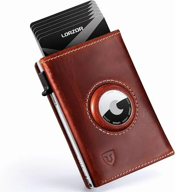 LORZOR AirTag Wallet - Full Grain Leather, Mens Minimalist Wallet with Apple Air Tag Holder, Slim Smart Pop up Card Case, ID Window, RFID Blocking, Front Pocket (AirTag Not Included)Buy now and get HM-Carbon free!