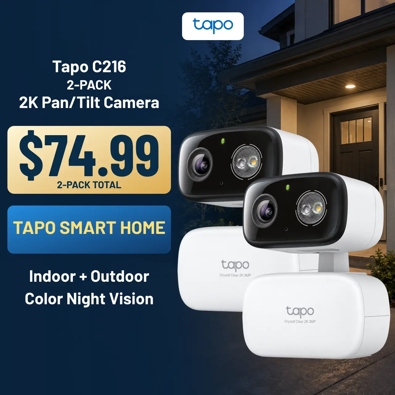TP-Link & Tapo C216(2-pack) 2K Pan/Tilt Indoor/Outdoor Security Camera  with AI Detection, Baby Cry Detect, Motion Tracking, Color Night Vision, 360° Pan/Tilt, No Subscription, Alexa & Google Compatible  #SummerWins #DealsForYouDays