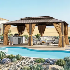 Aoxun Permanent Hard Top Metal Gazebo (10’x12’/20’x12’, Brown&Gray) - Galvanized Steel Double Roof, Mosquito-Resistant Netting & Curtains, Patio Canopy, Sunshade, Outdoor Shelter, Gazebo Outdoor Patio for Lawn, Backyard Decor, Garden Decor
