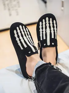 Men's Unique Skeleton Pattern Funny Mule Sandals - Ultra-Comfortable Soft Cushioned Insole, Black & White Edgy Buckle Design, Street Style Casual Outdoor Slip-On Slides