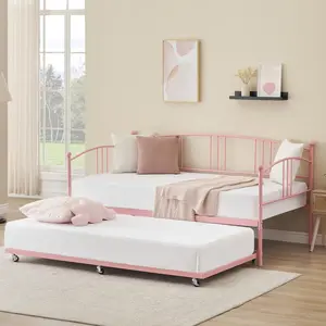 Twin Metal Daybed with Trundle, Pullout Trundle Bed Frame with Arched Headboard, Guest Sofa Bed with Steel Slat Support,No Box Spring Required,Pink