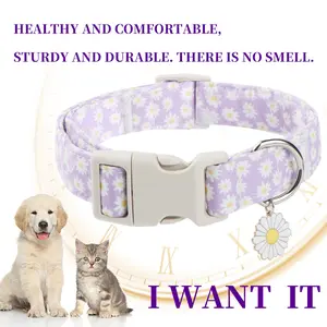 Cat & Dog Collar, Purple Daisy Print Adjustable Pet Collar with Quick Release Buckle, Soft Comfortable Durable No Smell Collar for Small Medium Dogs Cats, Cute Floral Pet Neck Accessory with Daisy Charm