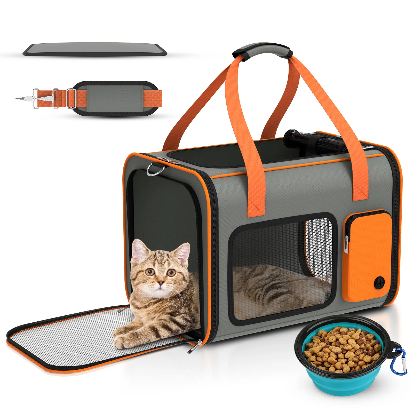 Portable pet carrier, foldable for easy storage, padded bottom (removable and washable), built-in safety buckle to secure your pet, breathable mesh, includes handle and shoulder strap.