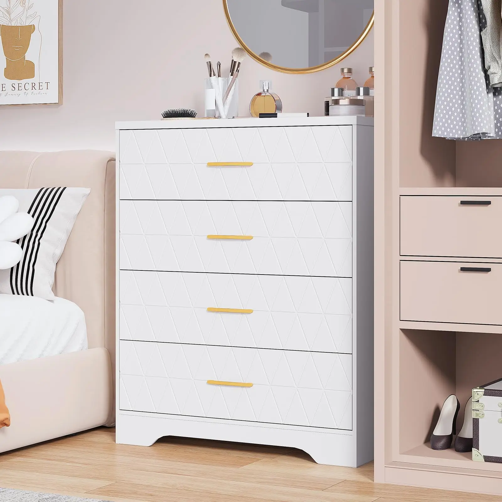 Modern 4-Drawer Tall Wooden Chest Drawers - Rectangular Form Storage Cabinet with Gold Handles, for Bedroom, Closet, Living Room, Modern Chest Drawers