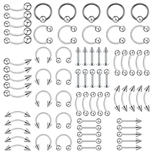 Titanium steel lip studs, stainless steel eyebrow studs, nose rings, nose studs, tongue studs mixed (60/70/85 set)