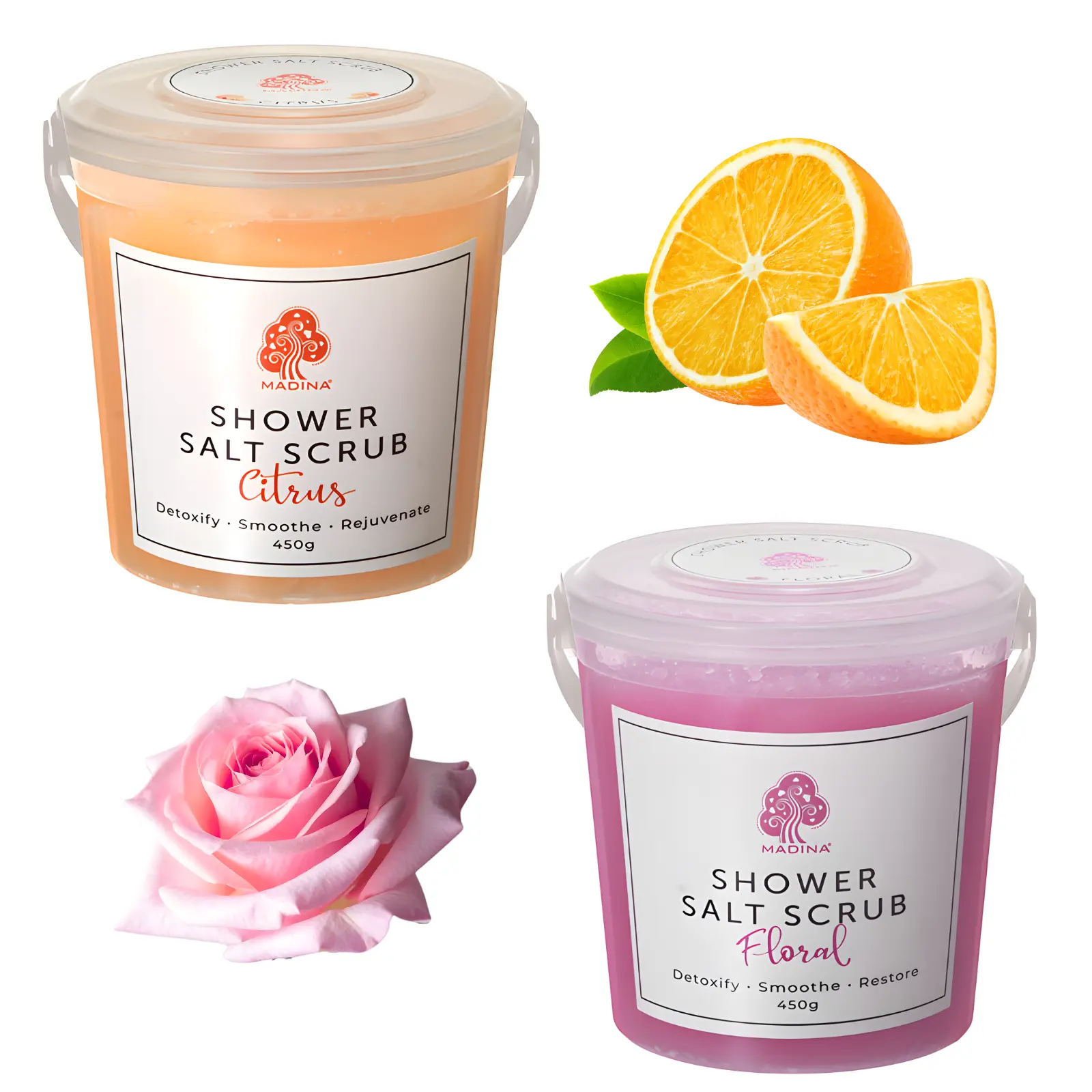 Salt Shower Scrub | Citrus | Floral | Madina | Gentle Exfoliant | Body Glow | Skincare