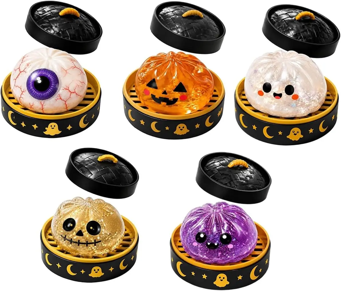 5pcs Halloween Pumpkin Silicone Gel Stress Balls - Slow Rise Glitter Dumpling Squishies for Adults, Spooky Decor, Anxiety Relief Fidget Toys