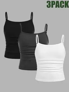 3-piece girls' knitted sleeveless thin shoulder strap camisole bottom top, suitable for spring, summer, casual, simple and versatile, Basic, essential for daily wear, playing sports, parties, machine washable and dry cleanable