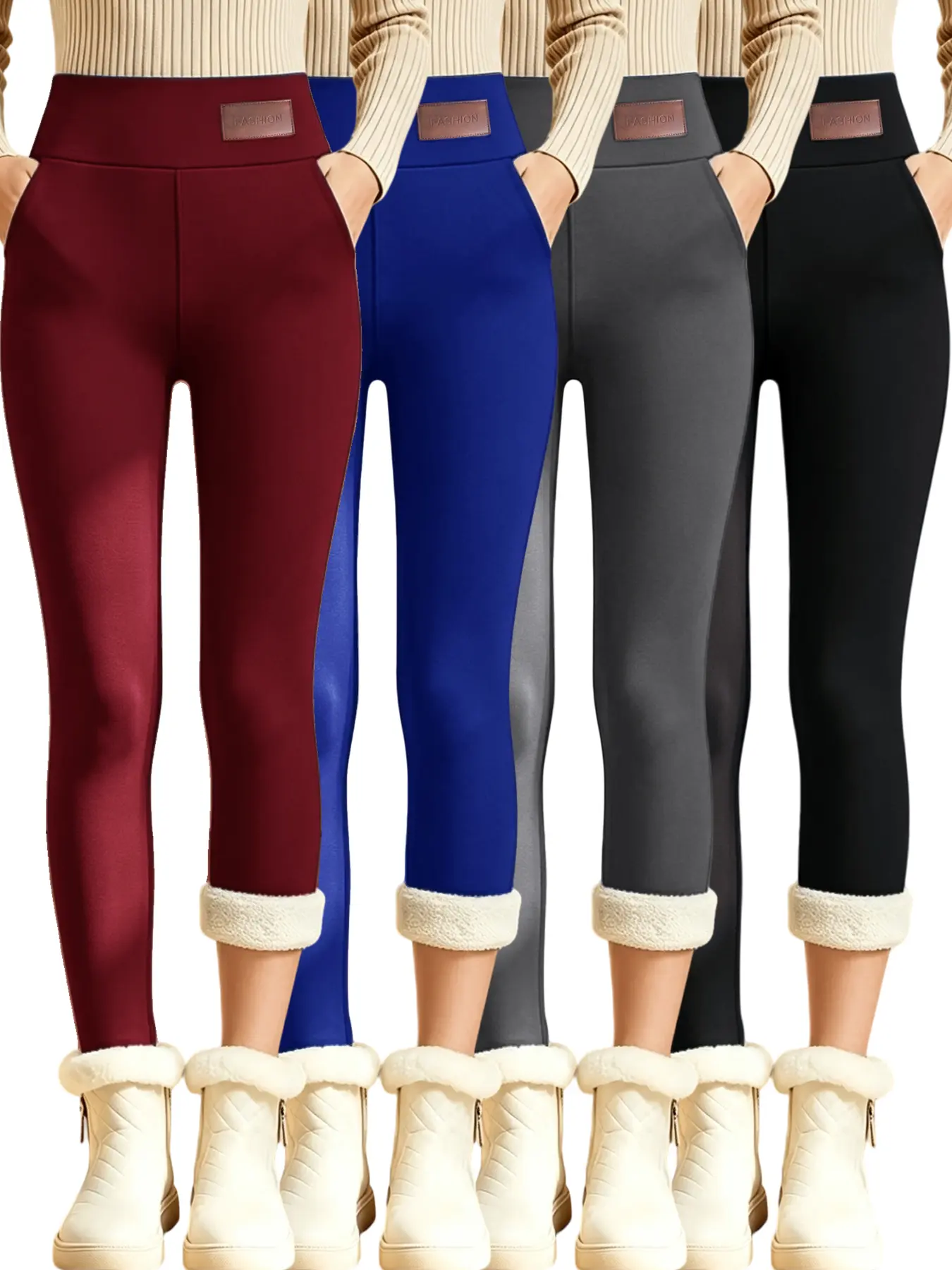 4 Pack Black Grey Red Blue High Waisted Fleece Lined Leggings for Women, Tummy Control, Butt Lifting, Thermal Winter Warm, Side Pockets, Stretchy Soft