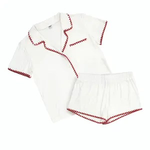 Bamboo PJ Set: White + Burgundy Whip Stitch
