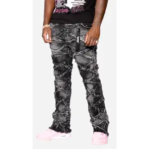 Men's Designer Gray Jean with Denim Tears - High-Quality Stretch Denim, Relaxed Baggy Fit, Raw Frayed Edges, Crisscross Distressing, Machine Washable