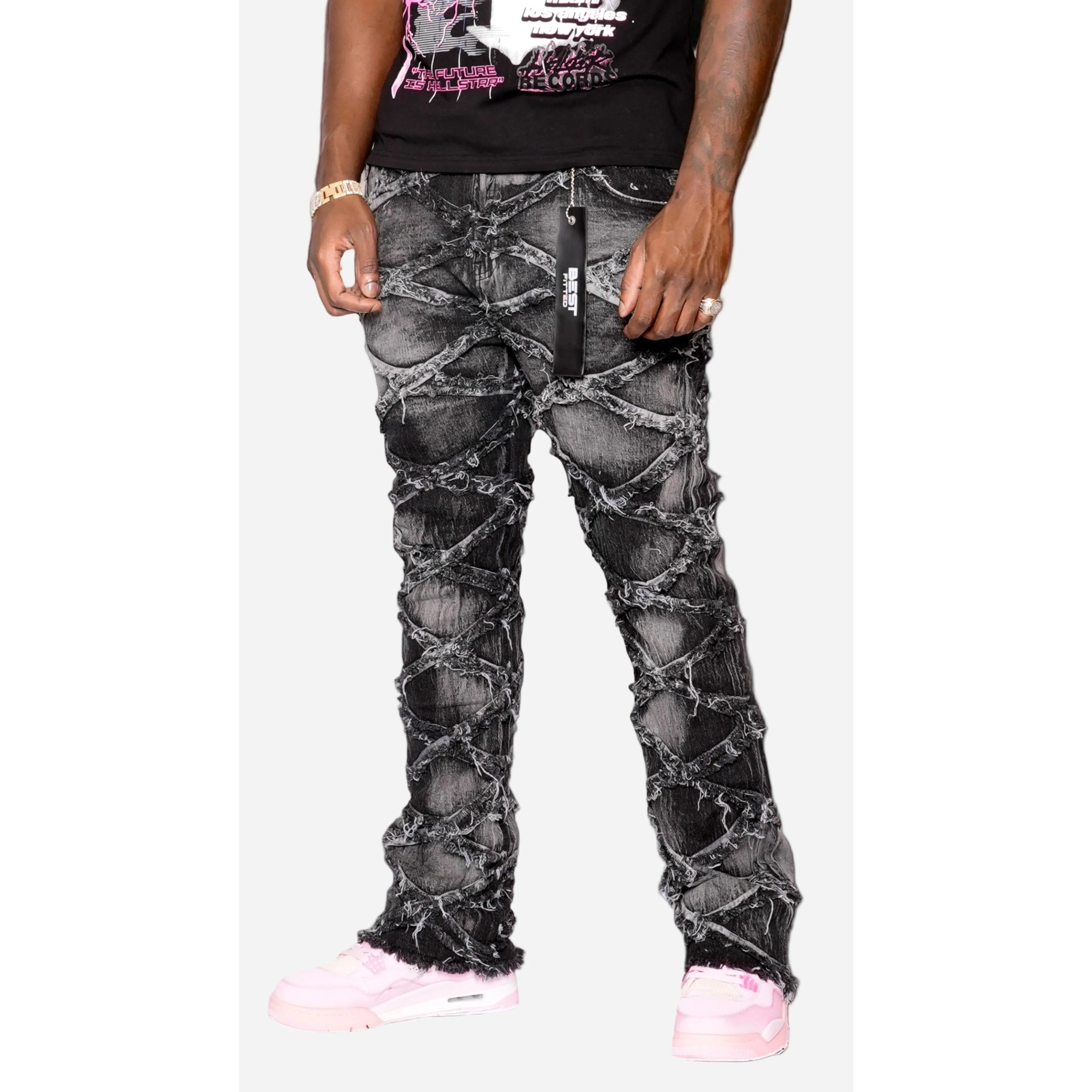 Men's Designer Gray Jean with Denim Tears - High-Quality Stretch Denim, Relaxed Baggy Fit, Raw Frayed Edges, Crisscross Distressing, Machine Washable