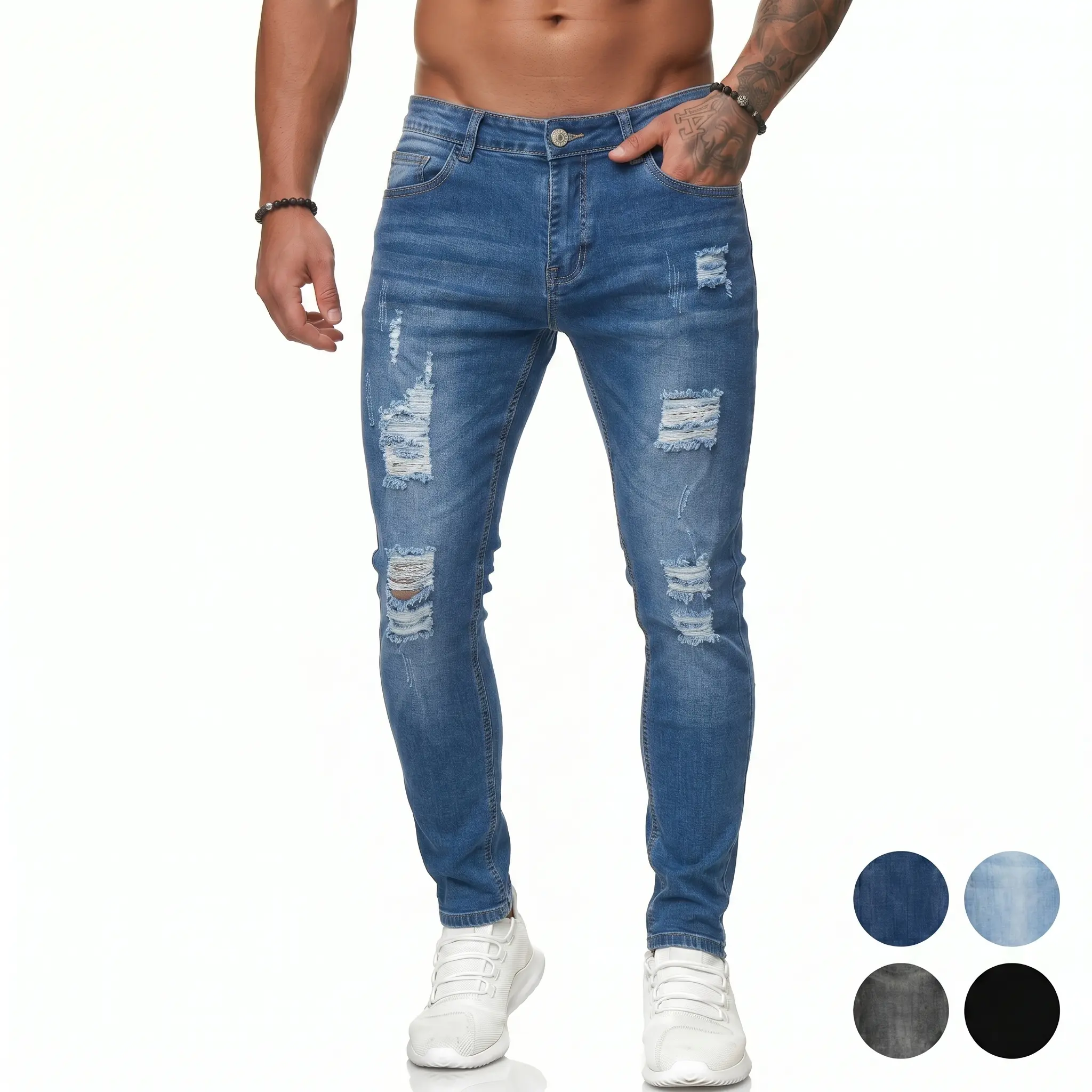 Men's Plain Slim-Fit Distressed Low-Rise Long Straight Denim Pants with Pocket, Polyester Menswear Bottoms, Medium Elasticity, Medium Weight, Soft Feel - All Season, Suitable for Streetwear, Business - Cold Wash Compatible