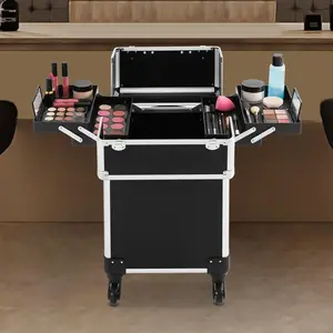 Rolling Makeup Travel Case with 4 Expandable Compartments, Aluminum Alloy & MDF Professional Makeup Case, 13.23 lbs Capacity Beauty Salon Organizer, Retractable Pull Rod & Removable Wheels, Lockable for Travel, for Makeup Artist, Hair Stylist