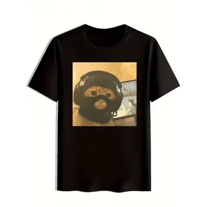 Humorous Gaming Cat Meme TShirt With Playful Cat Mask and Headphones Casual Summer Top for Men