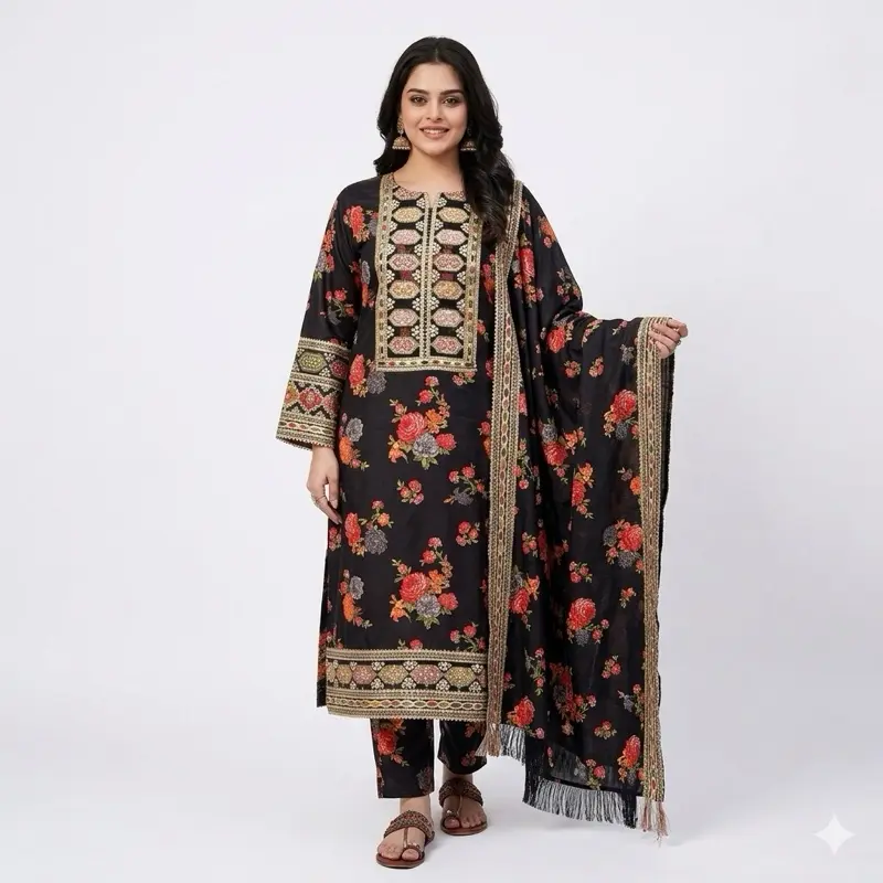 Panjabi Salwar Suit for Women, 3-Piece Pakistani Style Clothes Set with Floral Embroidery and Rich Gold Accents, Sizes S-2XL, Multicolor, Original, Women's Clothes, Punjabi Suit, All Seasons, Blouse/Shirt, Lady, Casual Wear, Eligibility For A Refund