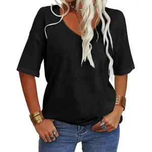 Imily Bela Women's 3/4 Sleeve Shirts V Neck Loose Fitting Tops Casual Solid Color Tshirts Trendy Basic Tunic Summer Ladies Tops