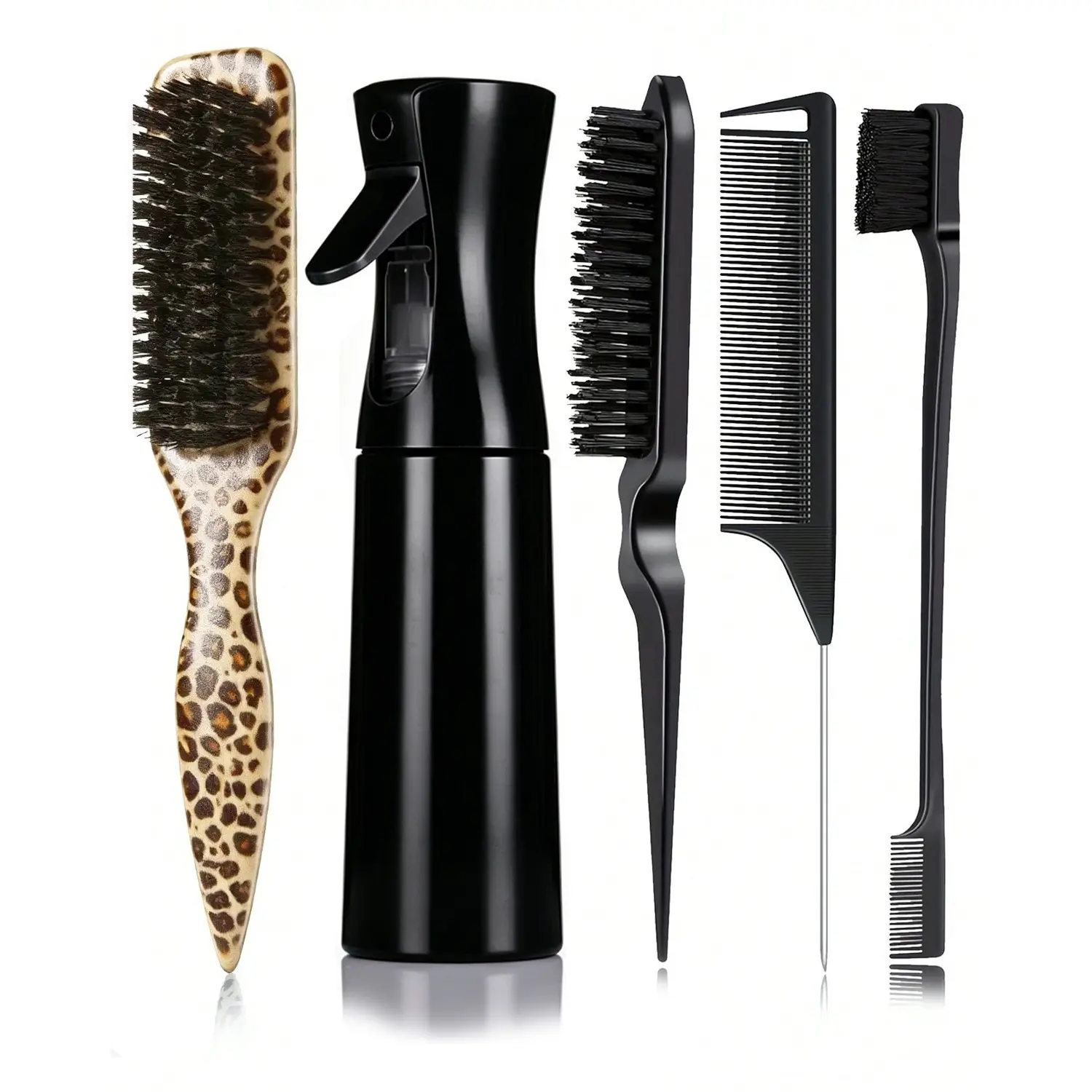 5Pcs Hair Brush Set, Hair Styling Tools, 200ml Spray Bottle, Beard Brush, Slick Back Hair Brush For Sleek Ponytail Bun & Smoothing Baby Hairs, Edge Control - Backcombing & Teasing Hairbrush With Wide Rat Tail For Sectioning & Parting