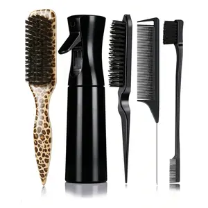 5Pcs Hair Brush Kit, 200ml Spray Bottle, Beard Brush, Slick Back Hair Brush For Sleek Ponytail Bun & Smoothing Baby Hairs, Edge Control - Backcombing & Teasing Hairbrush With Wide Rat Tail For Sectioning & Parting Suitable for Women Men, Hair Brush Set