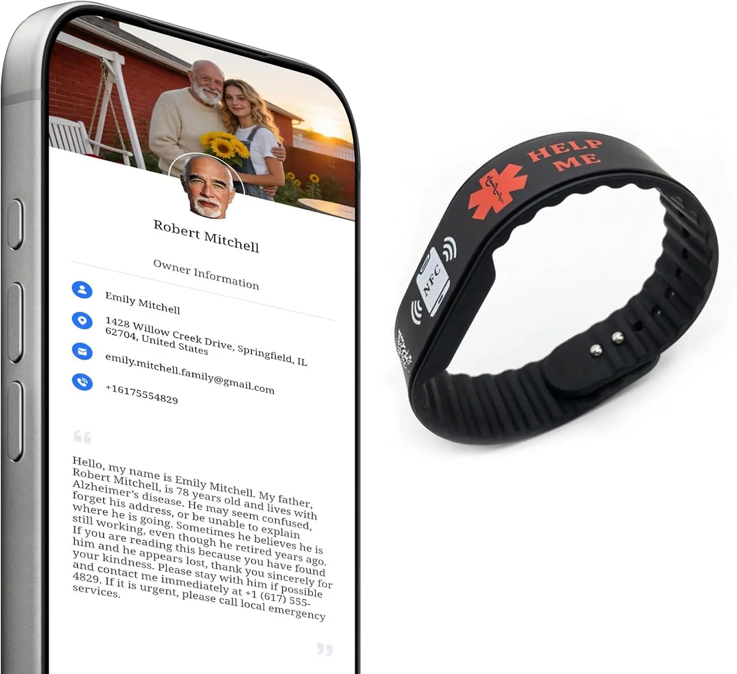 Waterproof Wearable Digital NFC & QR Code Medical ID Bracelet - Silicone Band for Alzheimer’s Users, Emergency Contact Wristband with Real-Time Location Alert Upon Scan to Family, No App Needed, Water Proof, Medical Info