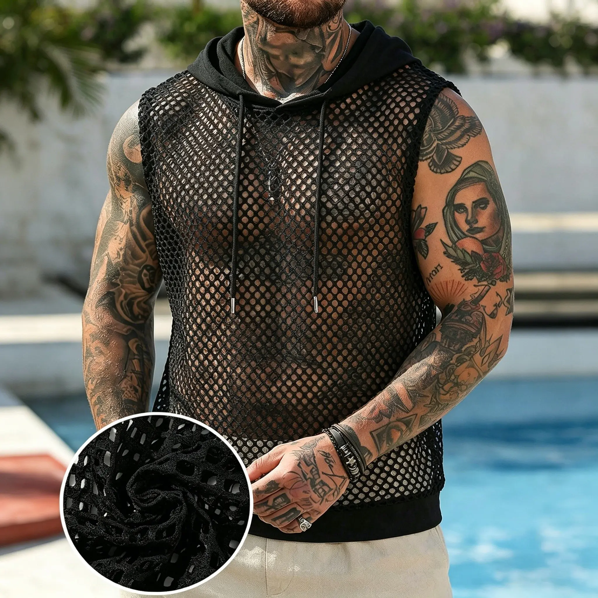 2026 European And American Men's Hollow Mesh Hooded Vest, Sheer Sexy Sleeveless Fitness T-Shirt