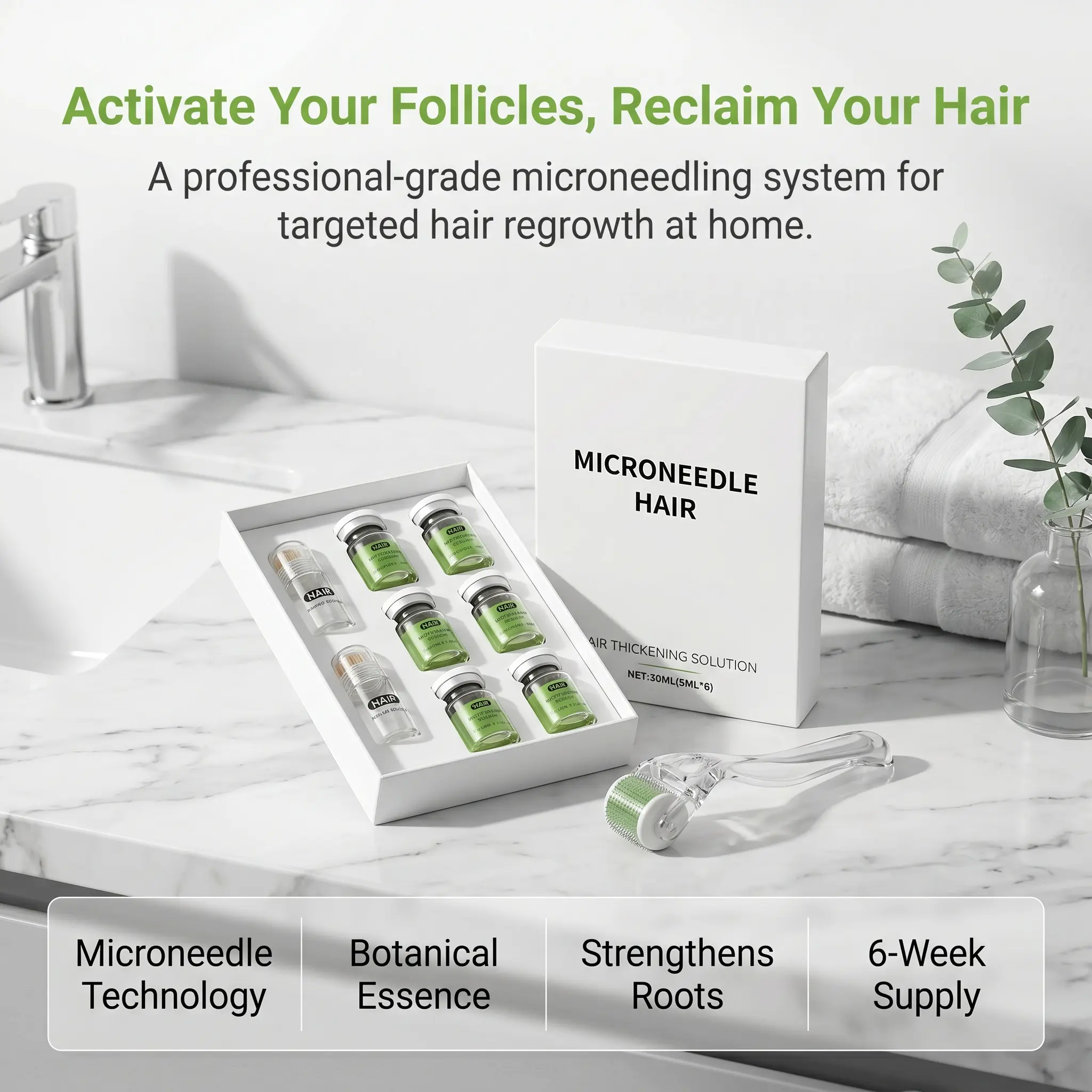 Microneedle Hair Thickening Serum Kit | 6x5ml Vials + 2 Rollers | Ginger Peppermint & Sophora Root | Scalp Care Routine for Fuller-Looking Hair | 2-Month Care System