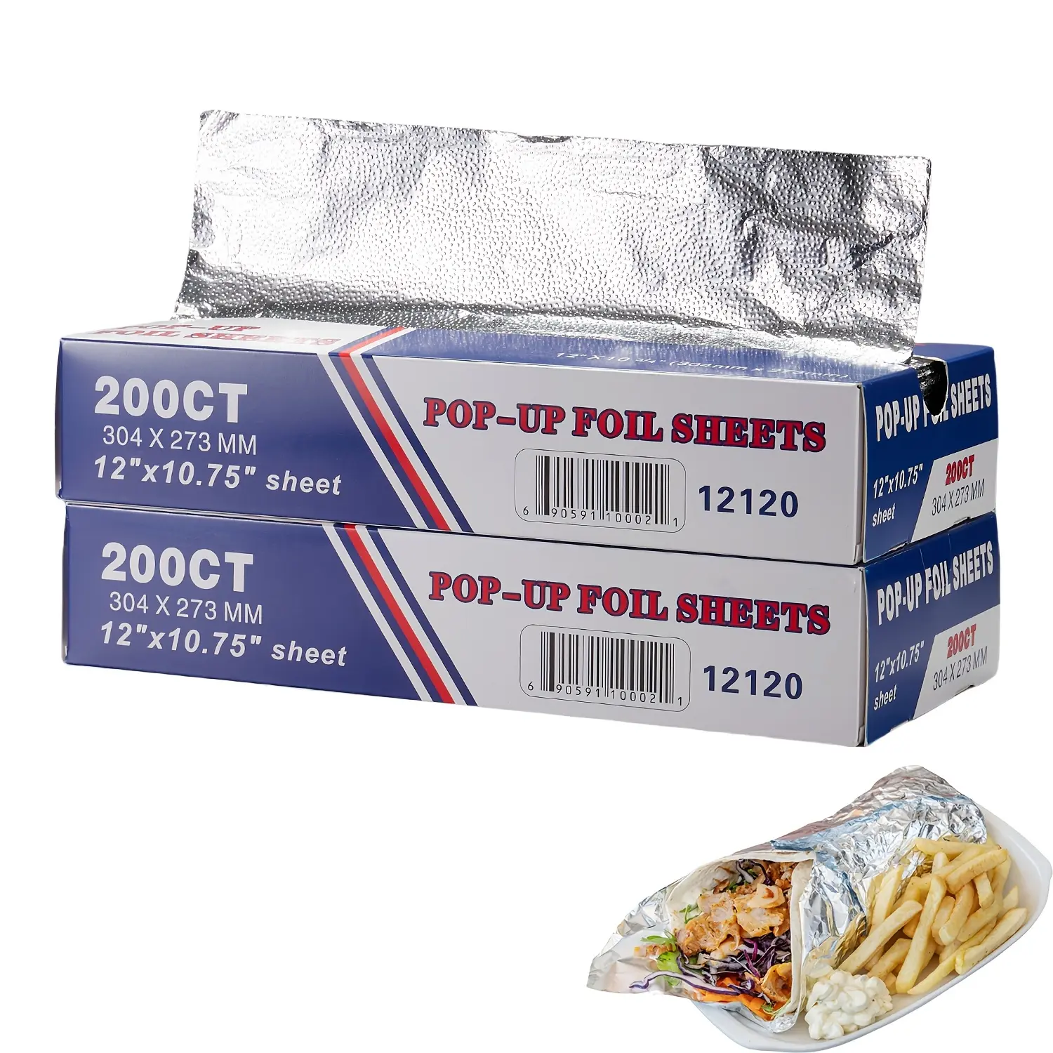 Disposable Pre-Cut Tin Foil Sheets, Kitchen Household Products with Dispenser Ease, 1 Box of 200 12" x 10.75" Extra Wide Sheets, Heat-Tolerant for Food Wrapping, Grilling