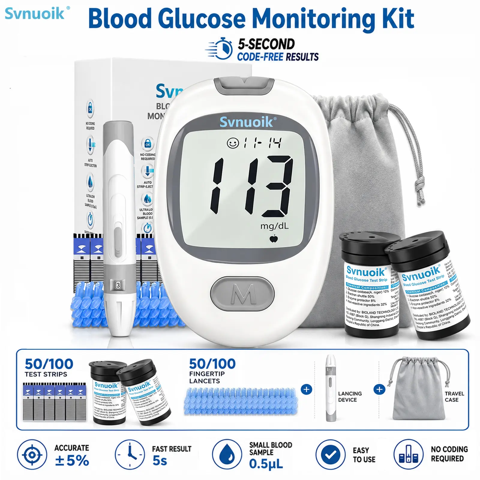 Blood Sugar Monitor Test Kit for Diabetes – Healthcare Diabetic Monitoring Supplies with 100/50 Test Strips, 100/50 Lancets, Glucometer for Diabetic Individuals, Home & Travel Essentials