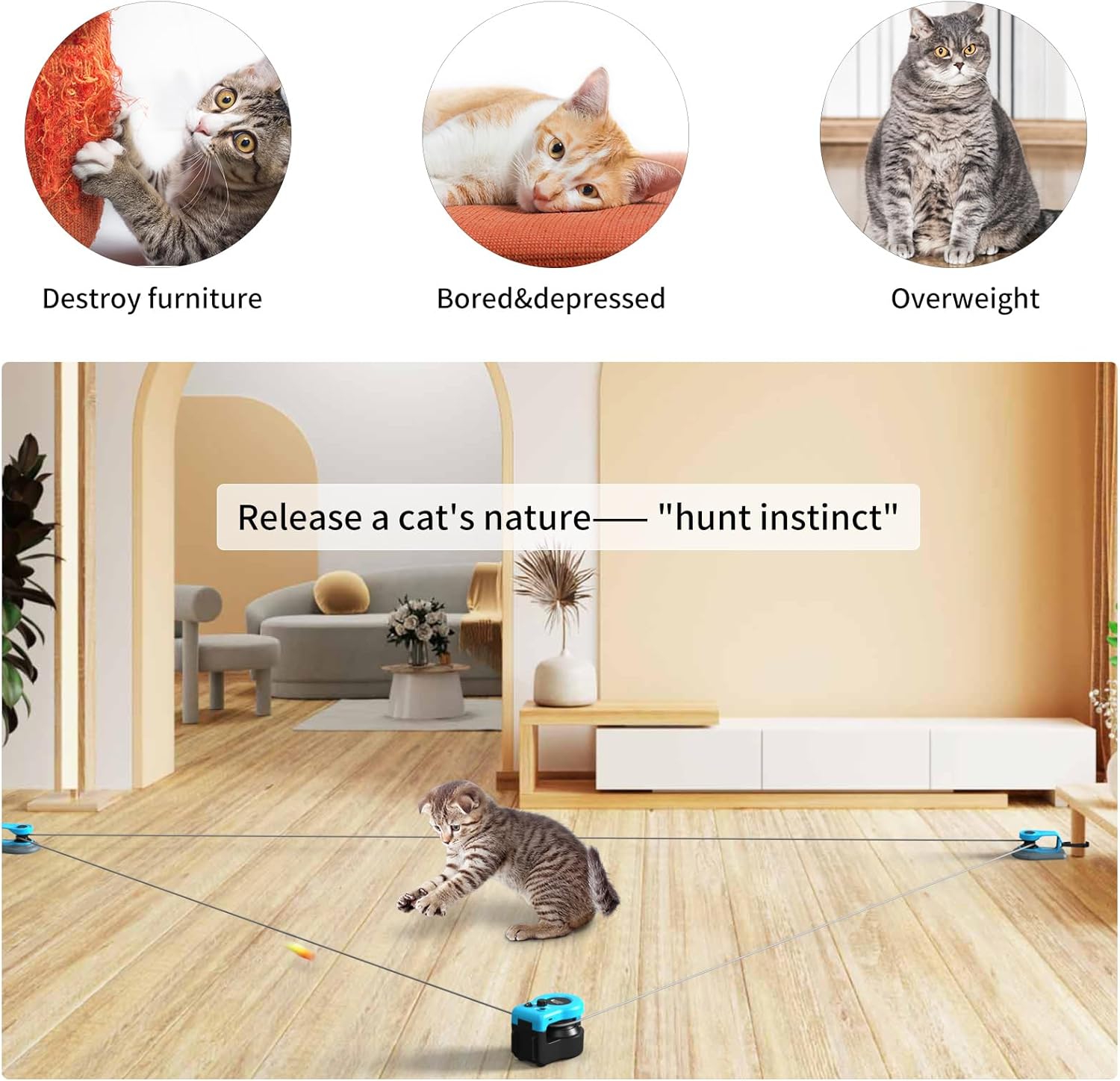 Automatic Hands-Free Cat Teaser Toy – Interactive Indoor Cat Entertainment System | Remote & Auto Play Modes | Feather + Moving Mouse + DIY String | Keeps Kittens Busy & Active for Hours | USB-C Rechargeable | No More Bored Cats at Home!