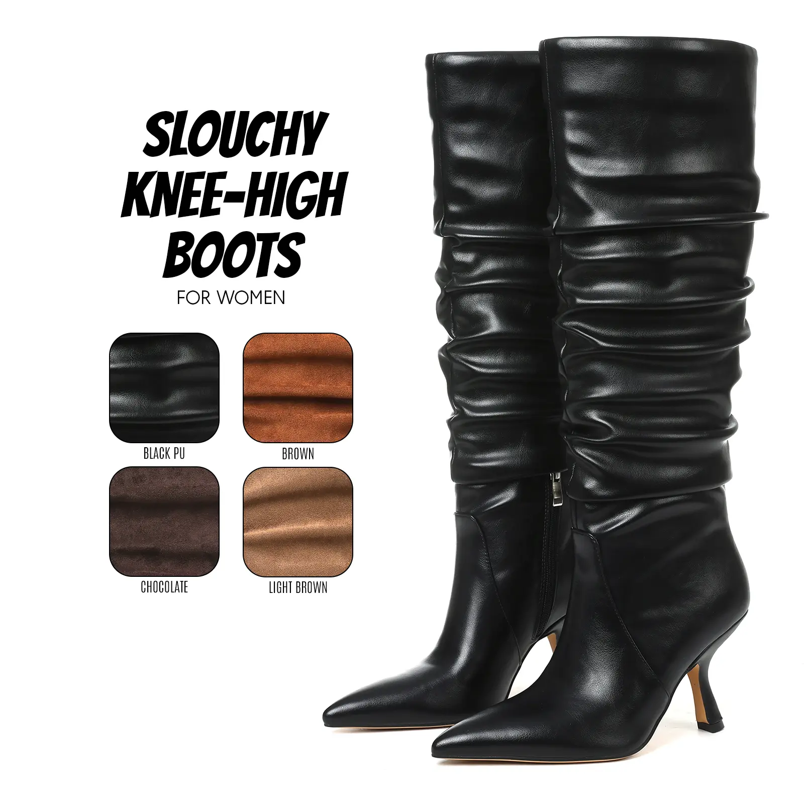 Womens Slouchy Boots Knee High Boot Pointed Toe Stiletto Kitten Heel Side Zipper Closure Easy Pull on Suede Comfy Wide Calf Work Party Outdoor Events Fashion Long Tall Dressy Shoes