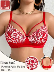 Plus Size Wireless Push-Up Bralette with Adjustable Straps and Sexy Floral Lace – 3/4 Cup for Comfort, Lightweight Design for Spring & Summer, Suitable for Daily Wear and Special Occasions Underwear