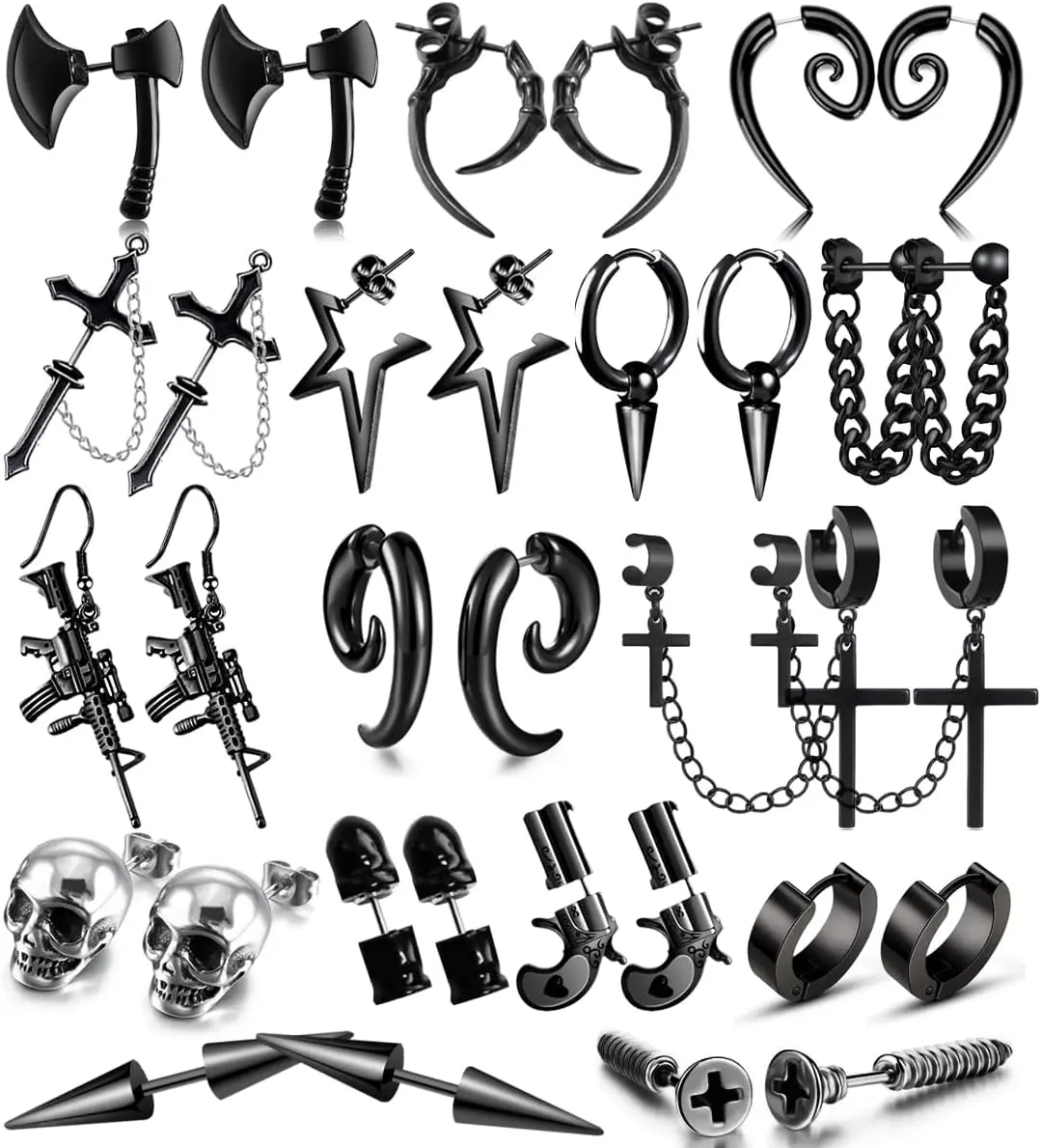 16 Pairs Punk Black Earrings Set for Men with Pendants, Chain-piercing Earrings, Suitable for Women and Unisex Wear, Stainless Steel Punk Earrings for Men,Screw Cone etc Hoop Long Chain Piercing Hoop Earrings Set