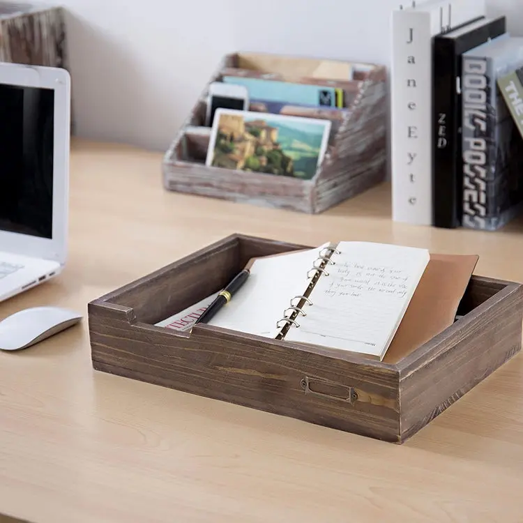 Distressed Brown Wood Office File & Document Tray, Set of 2