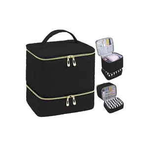 Double-Layer Quilted Nail Polish Bag, Portable Manicure Organizer, Zipper Cosmetic Storage Pouch, Multifunctional Makeup Bag for Women and Girls, Waterproof Cosmetic Bag(Sheets)