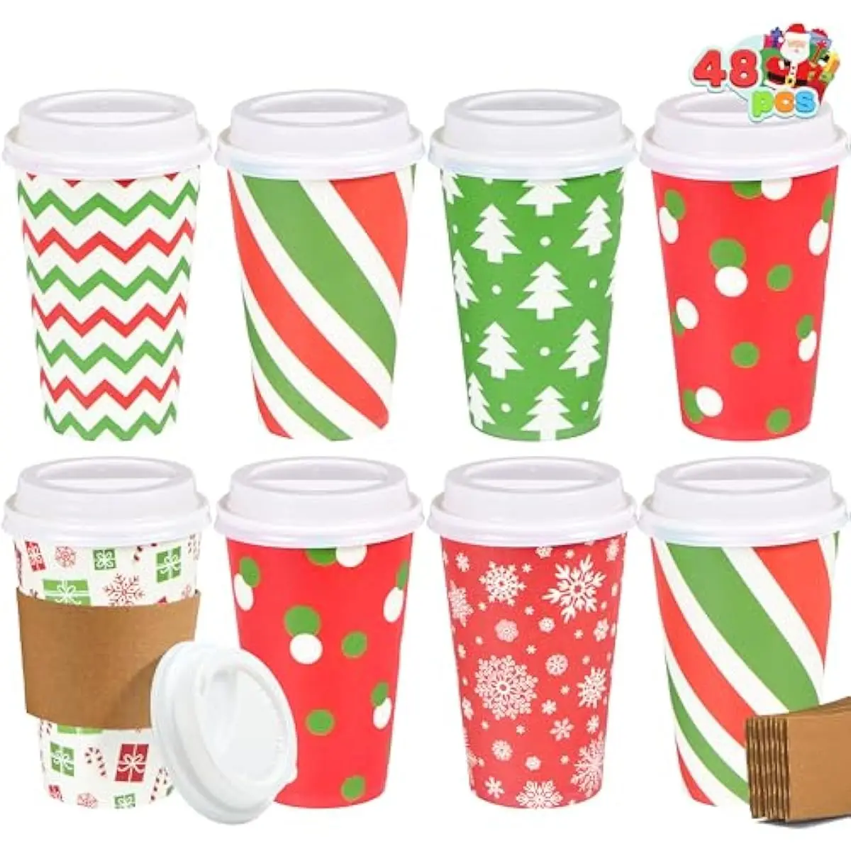 48 Pcs 16 oz Christmas Disposable Cups with Sleeves and Lids, 6 Designs Xmas Drinking Paper Cup For Hot Chocolate Coffee Cold Beverage Holiday Tableware Winter Party Supplies Favors
