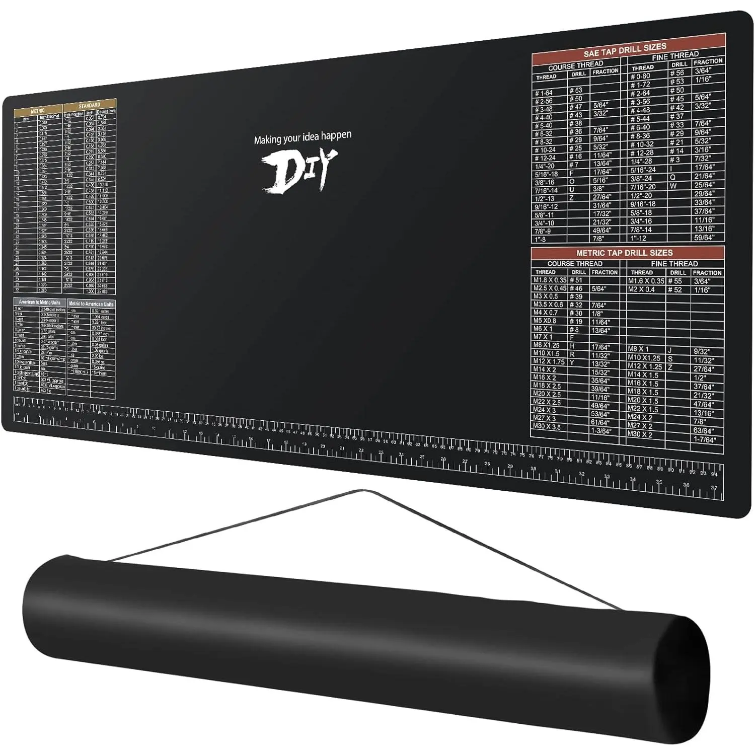 39.5"X18" DIY Worktable Mat Large Work Bench Mat Workshop Mat Workbench Cover with SAE/Metric Ruler Standard Metric Conversion Charts Tap Drill Sizes Fit for DIYers Carpenter Repairman