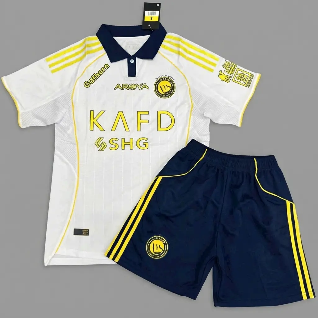 Al Nassr Soccer Jersey KAFD (Free Matching Shorts Included) Grey Studio Flat Lay Display | Polo Collar Football Shirt | Fan Sportswear Gift